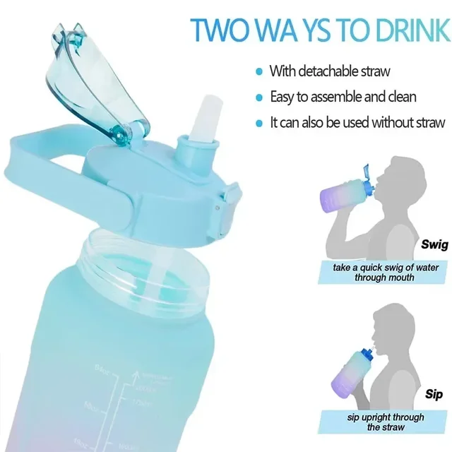 2L Large Capacity Plastic Water Bottle Time Scale Label Sticker Space Cup Spring Cap Painted Gradient Color Water Cup 4