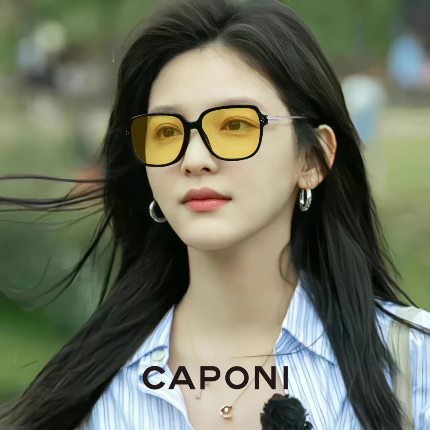 CAPONI Intelligent Color Change Night Vision Sunglasses Polarized Eyewear UV400 Yellow Lenses Women HD Classic large frame 24009