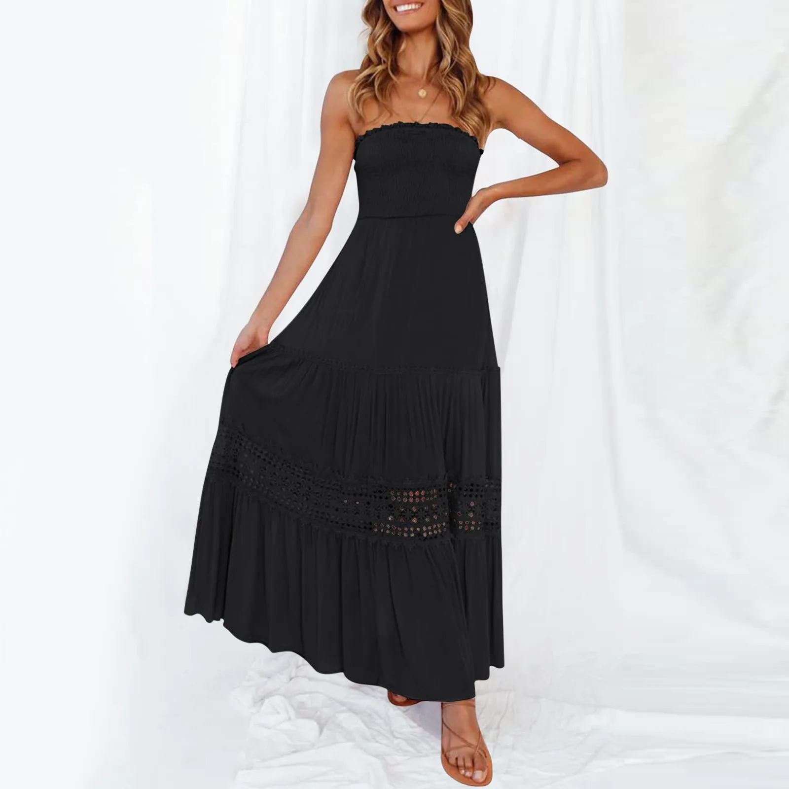 

New Women Dress Elegant Strapless Loose Maxi Party Skirt Fashion Solid Color Summer Hollow Out Casual Long Dress For Ladies