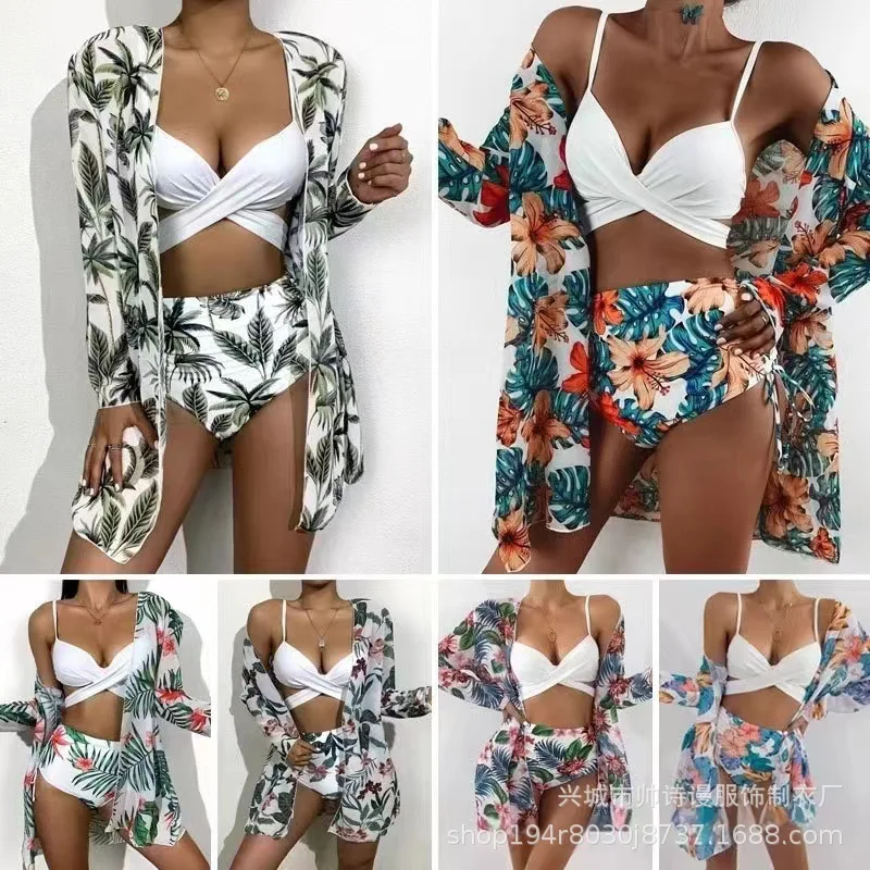 New Bikini Sexy Push up Mesh Three-Piece Printed Split Swimsuit for Women