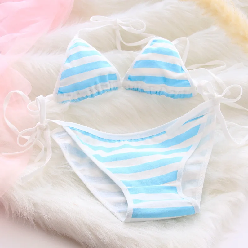 thumbnail image 1 of Conjunto de 2 piezas de sujetador y Bragas para mujer, lencería Sexy de algodón sin costuras, Bikini Kawaii con tirantes y cordones, traje de rayas azules y blancas, ropa interior femenina, 1 of 5