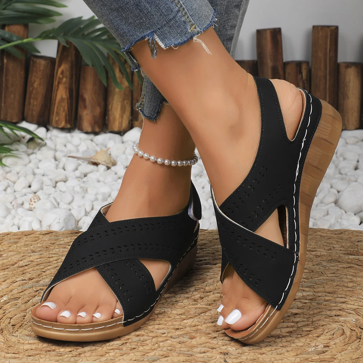 Women's Sandals 2025 Summer New Wedges Fashion Peep Toe Sandals Women Hollow Platform Outdoor High Heels Sandalias De Mujer
