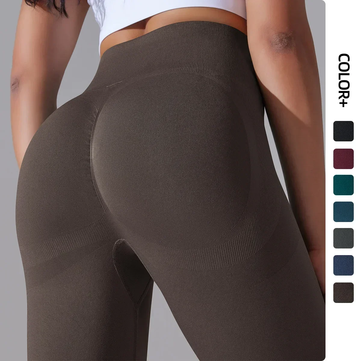 LO Solid Colored Smiling Face Sexy High Waisted Yoga Pants Brown Women's Sports Running Leggings Sports Fitness Pants Knitted