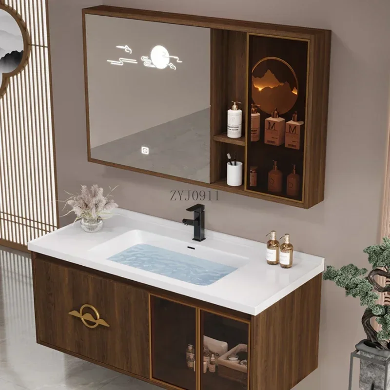 *New Chinese Style Integrated Ceramic Basin Bathroom Cabinet Combination Modern Intelligent Washbasin Furniture YX50BC