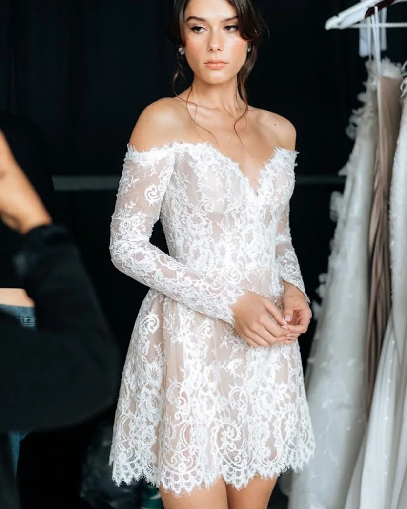 chinese dress ladies Satin Wedding Dress with French Lace Long Sleeves Thigh High Slit and Mini Dress Lining main image 1