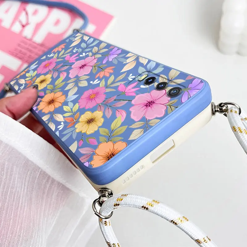 Purple Flowers Lanyard Silicone Phone Case Cover