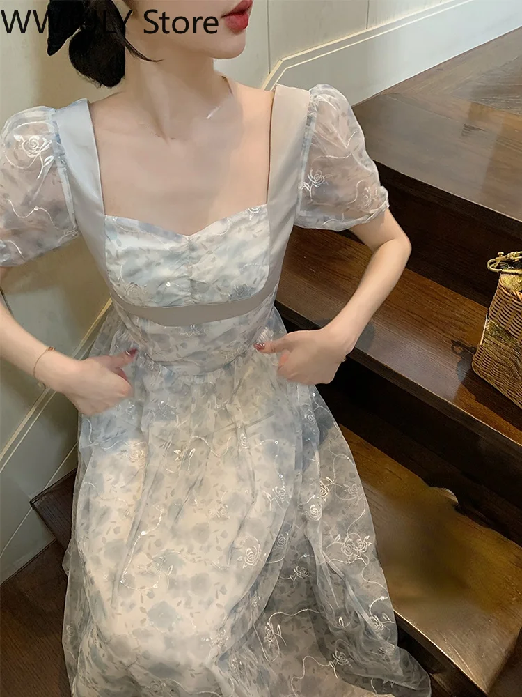 

Элегантное платье миди с коротким рукавом, милое Цветочное платье феи во французском стиле, женское летнее пляжное повседневное цельное облегающее платье в Корейском стиле, 2022
