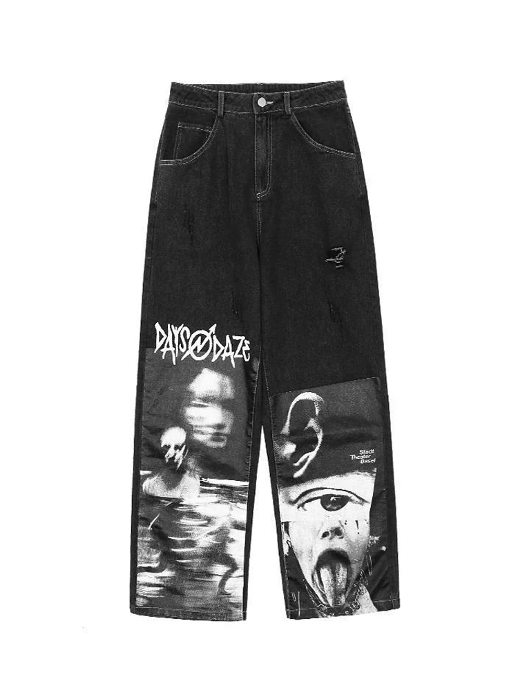 QWEEK Gothic Baggy Jeans Women Punk Hippie Streetwear Print Y2K Wide Leg Trousers Harajuku Grunge Denim Pants Vintage 90s