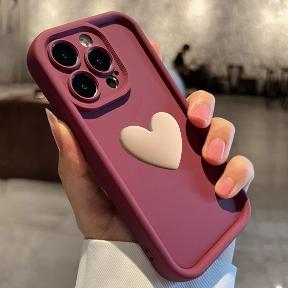 3D Cute Love Heart Silicone Phone Case with Lens Protection and Shockproof Design