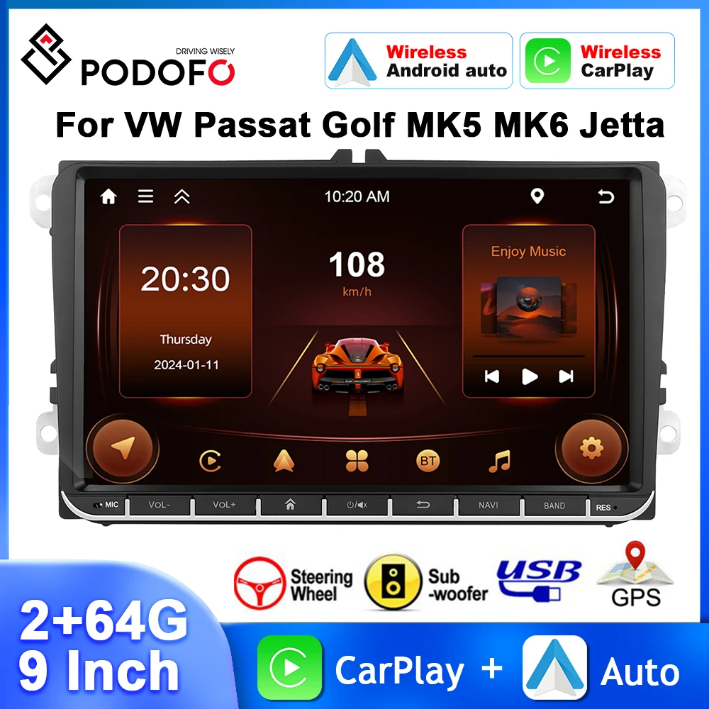 

Автомагнитола Podofo 9 дюймов, мультимедийный плеер на Android, 2 + 64 ГБ, GPS-навигация, Wi-Fi, для VW Passat Golf MK5 MK6 Jetta