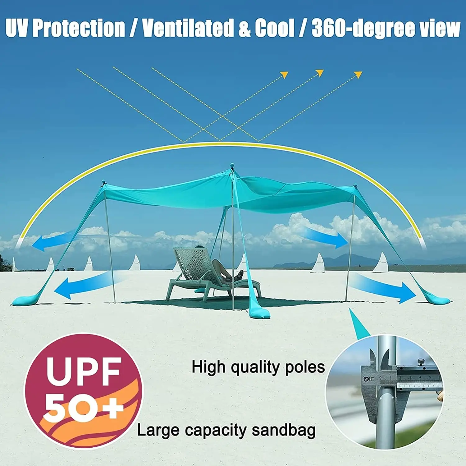 

10x10FT Lager Family Beach Tent Sunshade UPF50+,Portable Beach Shade Canopy with 2 Poles for Camping Trips, Picnics, Backyard