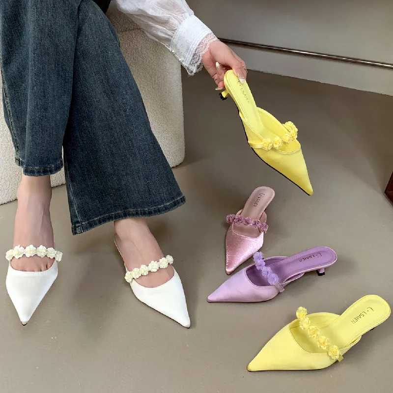 Satin Floral Designer Heeled Sandals Women Pointed toe Mule Pumps Elegant Banquet Slingback Dress Heels Slides Slippers Ladies