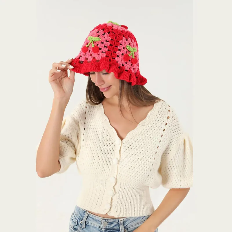 Women Bucket Hat Flower Crochet Bucket Hat Women Summer Handmade Knit Beanies INS y2k Korean Fashion Panama Cap