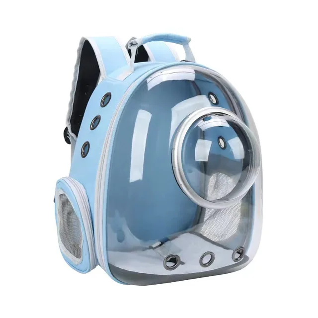 Transparent pet backpack with bubble window, perfect for traveling with cats and small dogs. Features ventilation holes, ergonomic straps, and secure zippers for safe, comfortable pet outings.