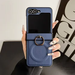 Enhanced Leather Magnetic Ring Holder Phone Case with Stand - Shockproof Cover for Samsung Z Flip Series (Blue)
