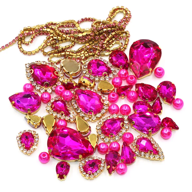 

50pcs/Bag Gold Claw Rose Red Mix Drop Shape Size Crystal Glass Rhinestones+Pearl+Cup Chain DIY Wedding Dress Jewelry Making