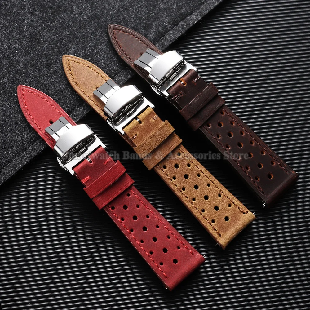 Vintage Leather Watch Strap - Universal Breathable Bracelet with Folding Buckle