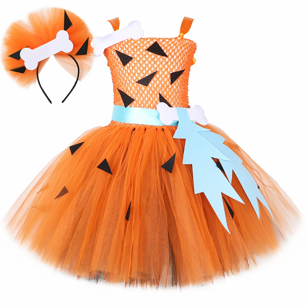 Baby Girl Pebbles Flintstones Bone Costume Kids Halloween Party Dresses Caveman Cosplay Anime Cartoon Tutu Dress Girls Clothes