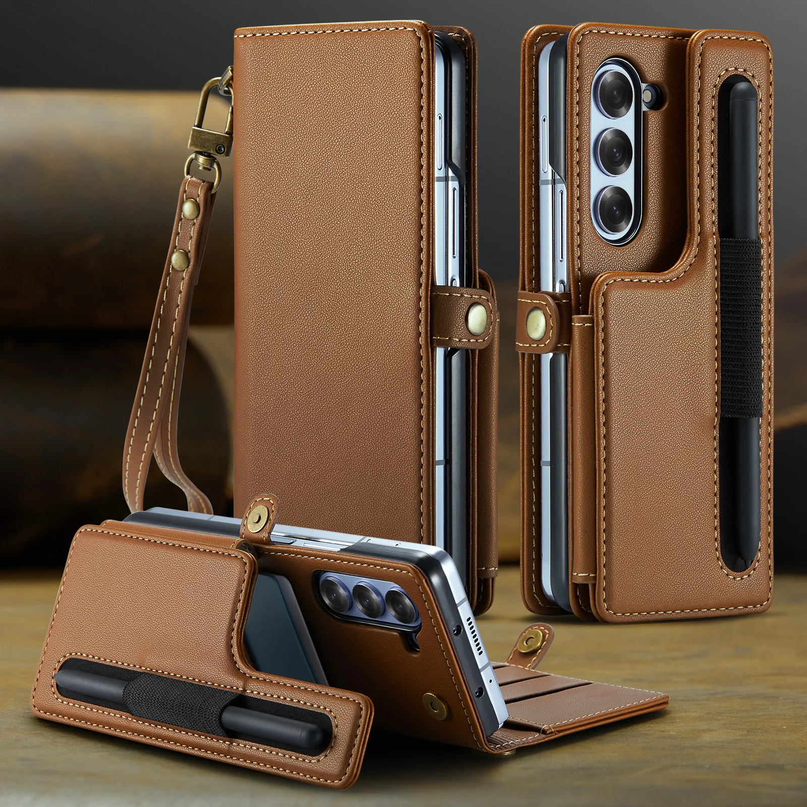 Stifthalter-Steckplatz RFID-blockierende Brieftaschenkarten Leder-Telefonhülle für Samsung Galaxy Z Fold 6 5G Handschlaufe Ständer Tasche Geldbörsenabdeckung_voghion.com