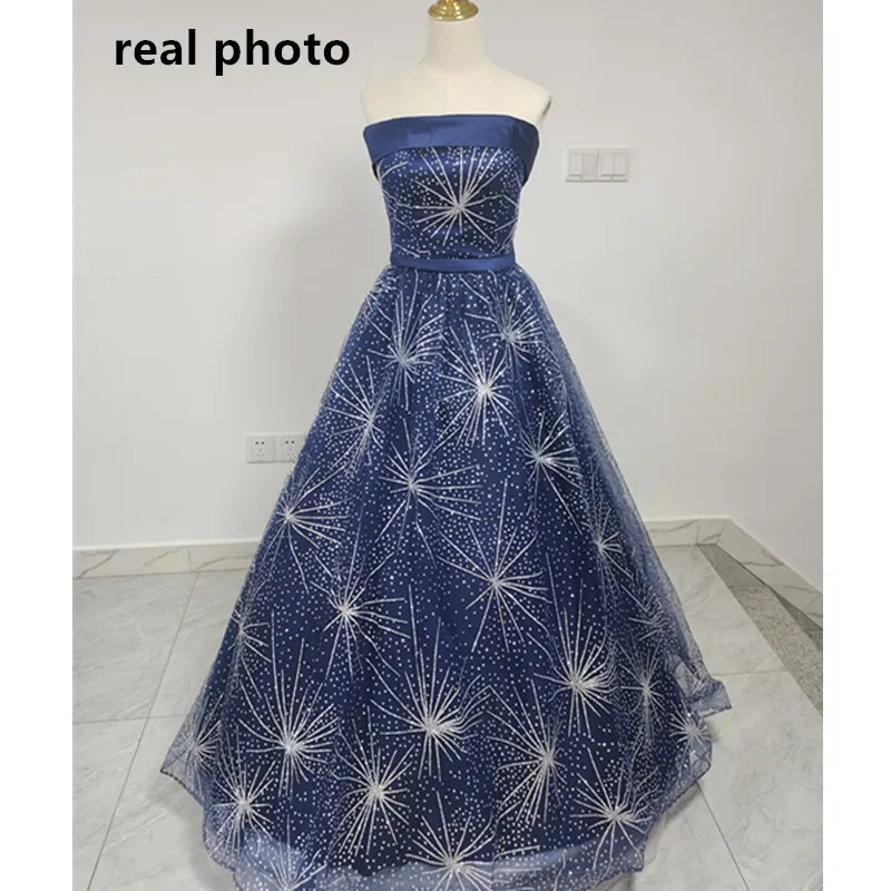 New Dark Blue Quinceanera Dresses Classic Off The Shoulder Tulle Party Ball Gown Simple Fashion Sequin Shining Banquet Vestidos