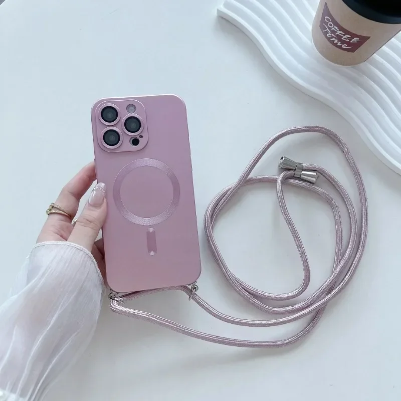 Magnetic Crossbody Shockproof Phone Case with Matte Finish and Lanyard Strap