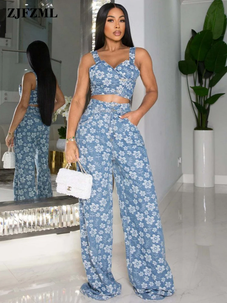 

Fashion Flower Print Denim Sets Ins Clothes For Ladies Sleeveless Crop Top + High Waisted Long Pants With Pockets Matching Sets