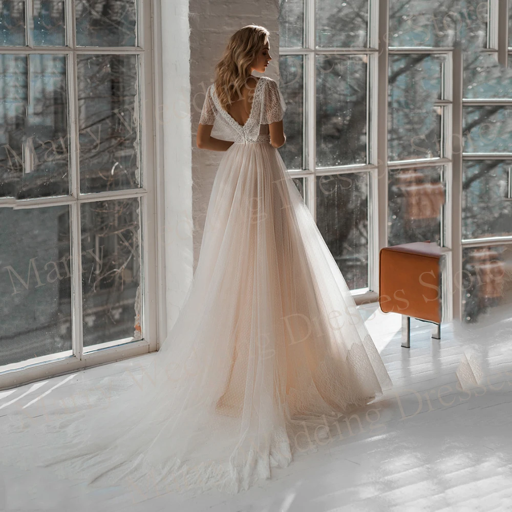 2024 Bohemian Classic A Line Women's Wedding Dresses Lace Appliques Bridal Gowns V Neck Backless Tulle Robe De Mariee Customized 2