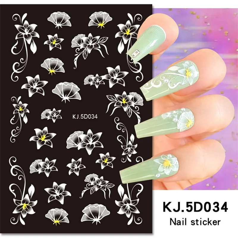 

1pcs 5D Embossed Flowers Nail Stickers Elegant White Acrylic Flowers Sliders For Nails Adhesive Decals DIY Nail Art Decorations