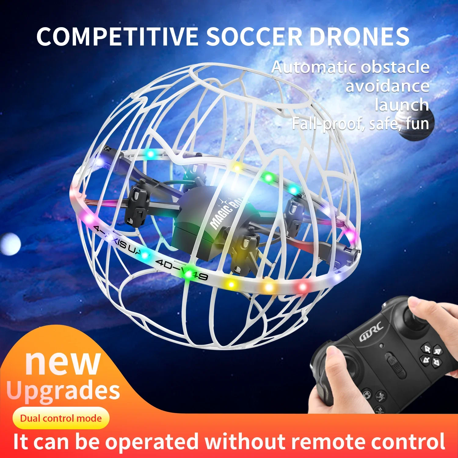 Drone 4DRC V49 FPV WiFi avec évitement d'obstacles survolant un terrain de football.