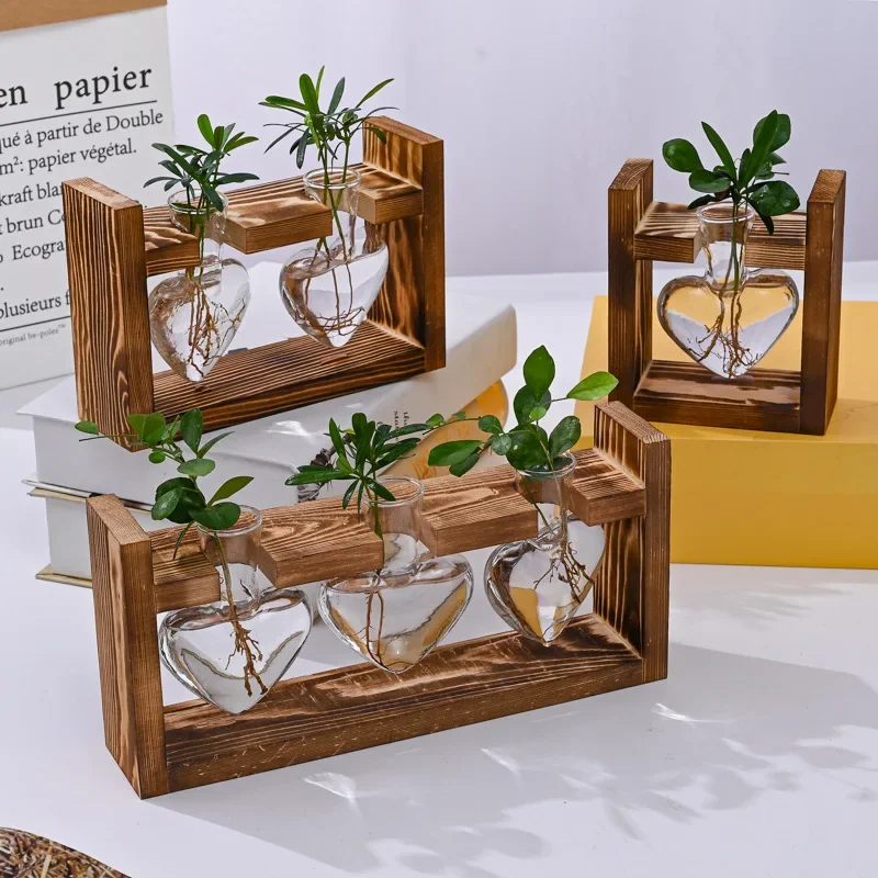 Wooden Frame Glass Vase Hydroponic Plant Vase Vintage Flower Pot Table Desktop Bonsai  Heart Shape Home Decoration Wedding Vase 2
