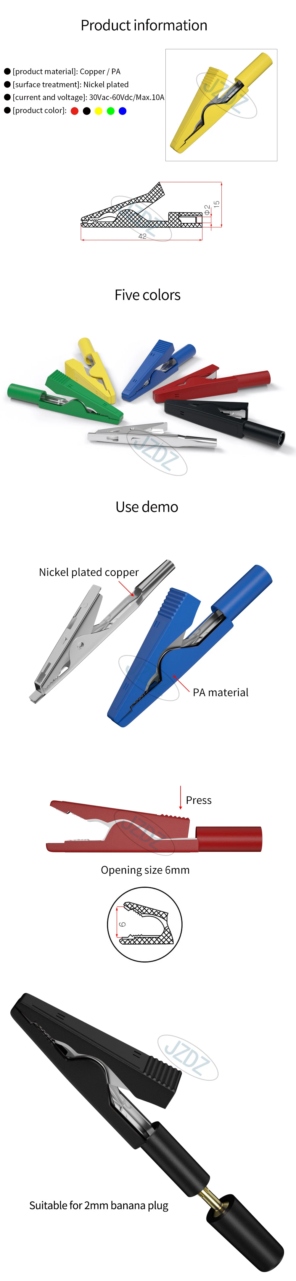 JZDZ 5 stücke Alligator Clips mit 2mm Buchse Isolierung Metall Krokodil Klemme Test Zubehör für Multimeter J.60028 – Detail 1