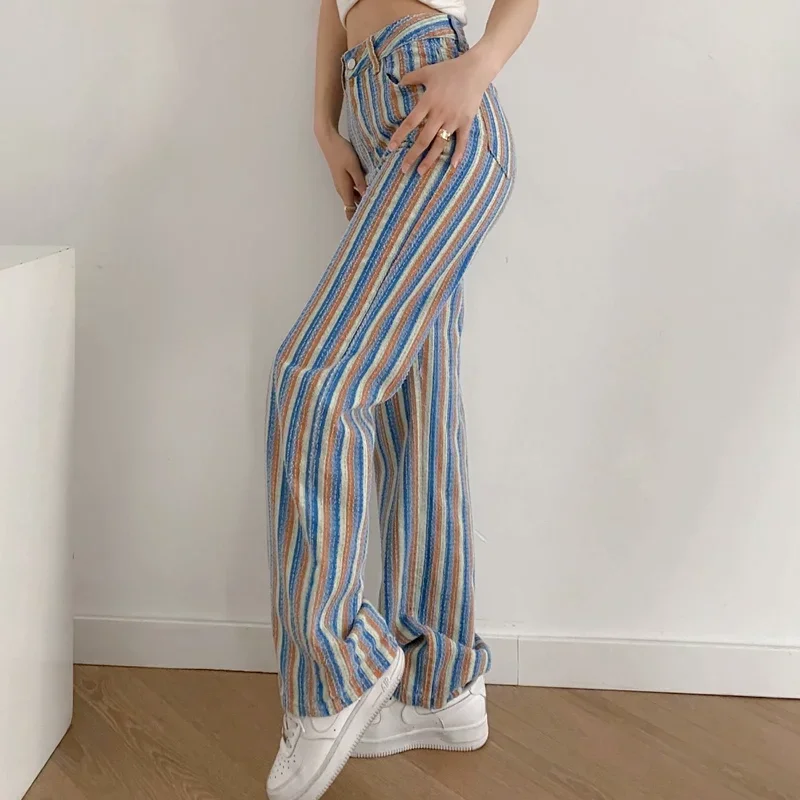 Fashion Summer Women's Pants Women's Clothing e girl aesthetic Color Striped Straight High Waist Casual Pants Streetwear Women