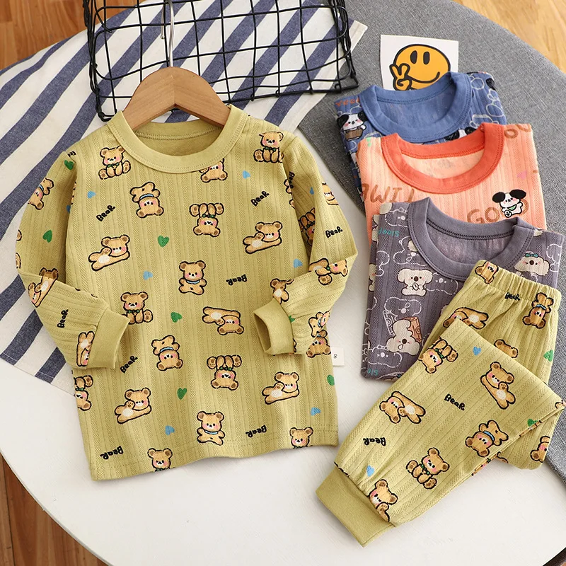 New 2023 Baby Boys Girls Warm Pajamas Kids Cute Cartoon Print O-Neck T-Shirt Tops with Pants Children's Autumn Clothing Sets new 2022 kids boys girls pajama sets cartoon long sleeve t shirt tops with pants toddler baby spring autumn sleeping clothes