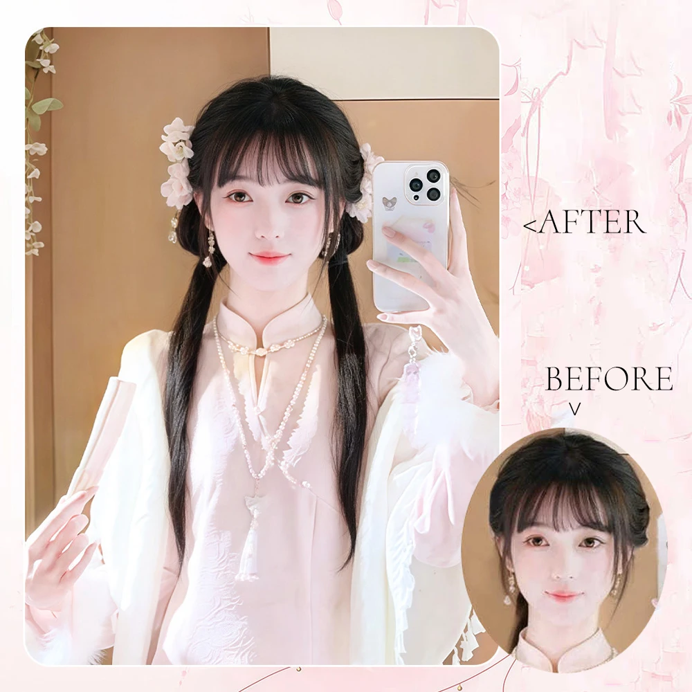 합성 신중국풍 클로 클립 메시 번 시뇽 롱 스트레이트 포니테일 자연스러운 풍성한 고대 스타일 한푸 포니테일 가발