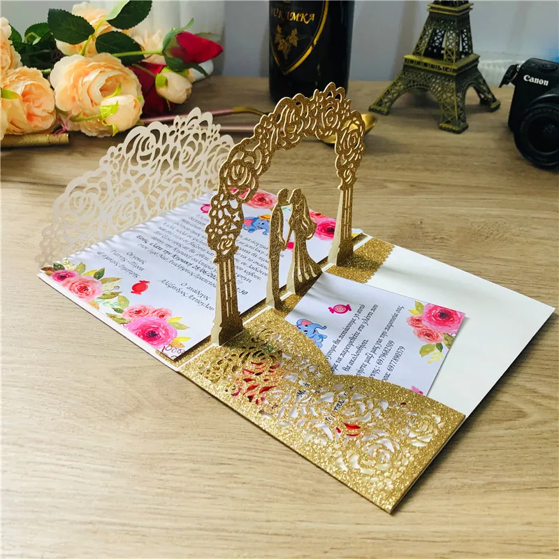 Wedding Invitations Card 1set Laser Cut Bride And Groom Wedding Invitations Card 3D Tri-Fold Diamond Ring Greeting Card Wedding Party Favor Supplies