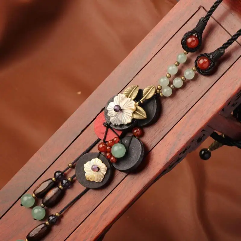 Ethnic Style Creative Turquoise Wooden Jewelry Tassel Necklace Vintage Jade Long Sweater Chain Bohemian Wooden Pendant Necklace