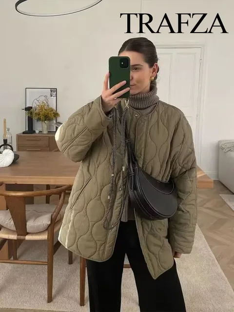 TRAFZA Autumn New Outerwear Solid Color Oversized Quilted Jacket