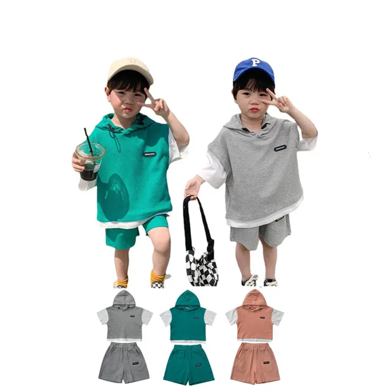 

Korean Children Clothing Suit Kids Boys Clothes Short Sleeve Hooded Shirt+short Two piece set Summer Baby Boy Waffler Outfit