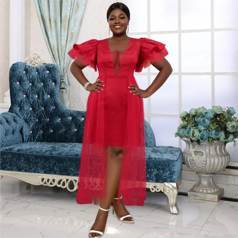 

Red Fashion Banquet Party Sheer Mesh Maxi Dress Summer Dashiki African Dresses For Women Wedding Ankara Robes 2023 New Arrival