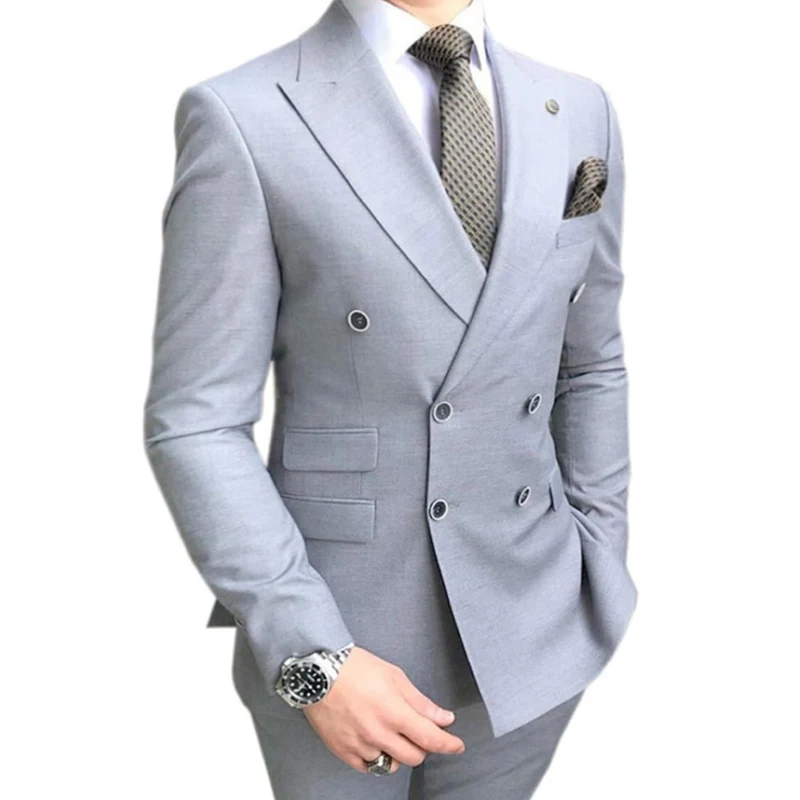 

Double Breasted Slim Fit Men Suits For Groomsmen 2 Piece Wedding Tuxedo With Peaked Lapel Light Gray Custom Male Fashion Clothes