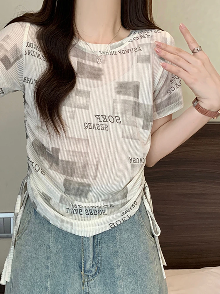 

2023 Summer New Printed Letter Short Sleeve T-shirt Women's Slim Top
