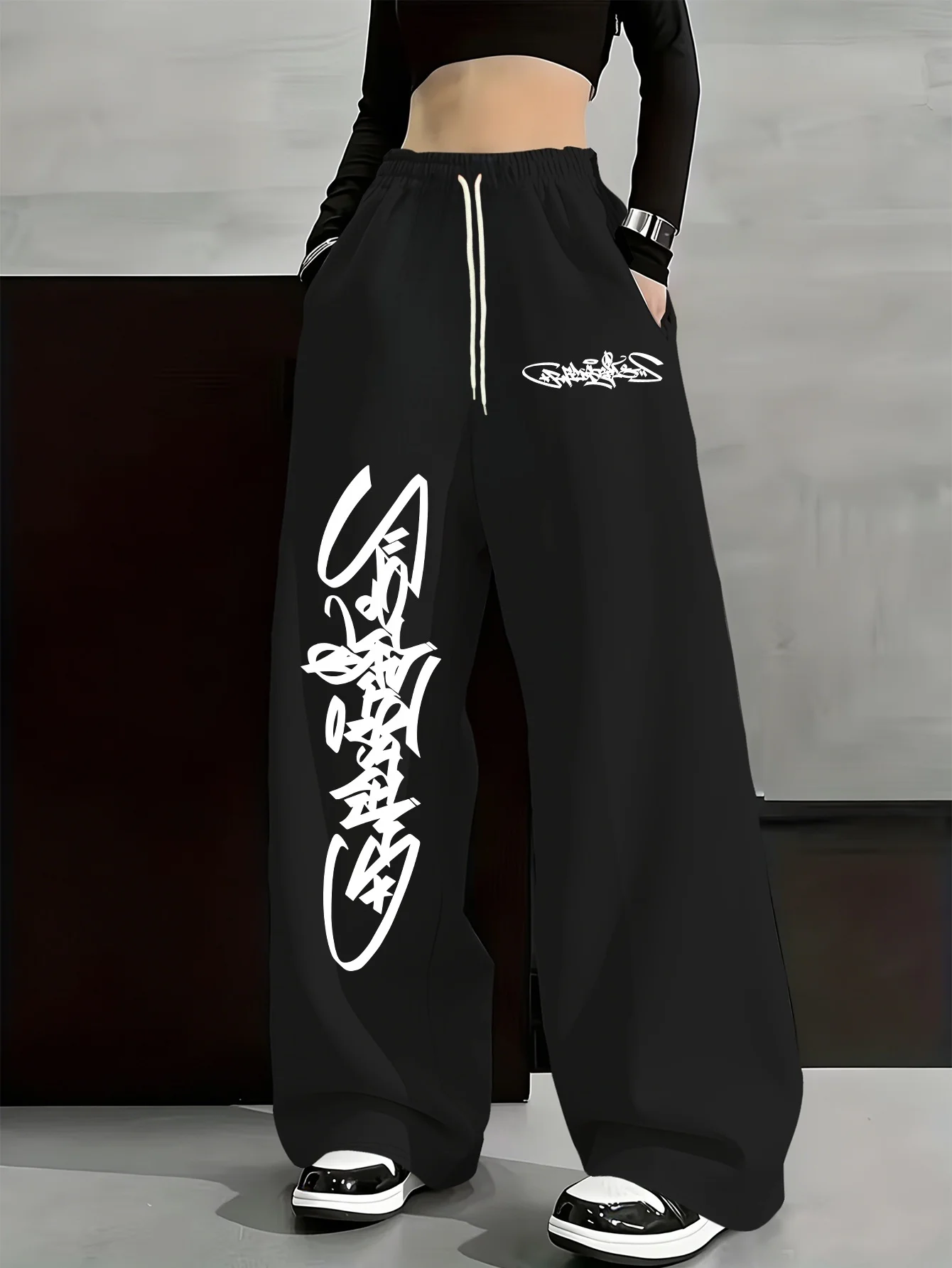 Women's Kids Letter Print Jogger Pants Casual Loose Fit Drawstring Waist Black White Spring Summer Perfect Fit
