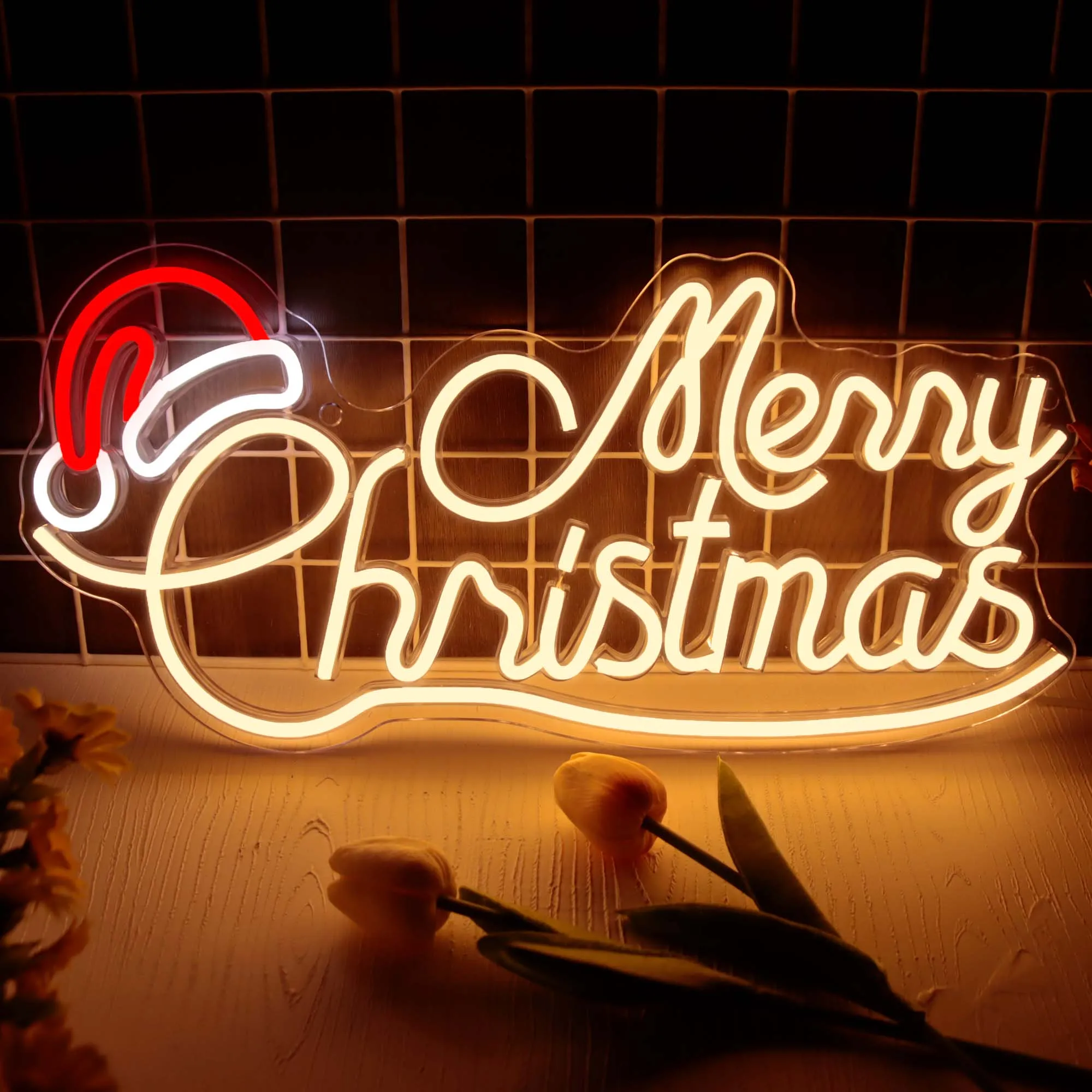 

Merry Christmas Neon Sign with Acrylic board for Bedroom Party Bar Pub Club Christmas Wall Decorations Christmas Hat LED Sign