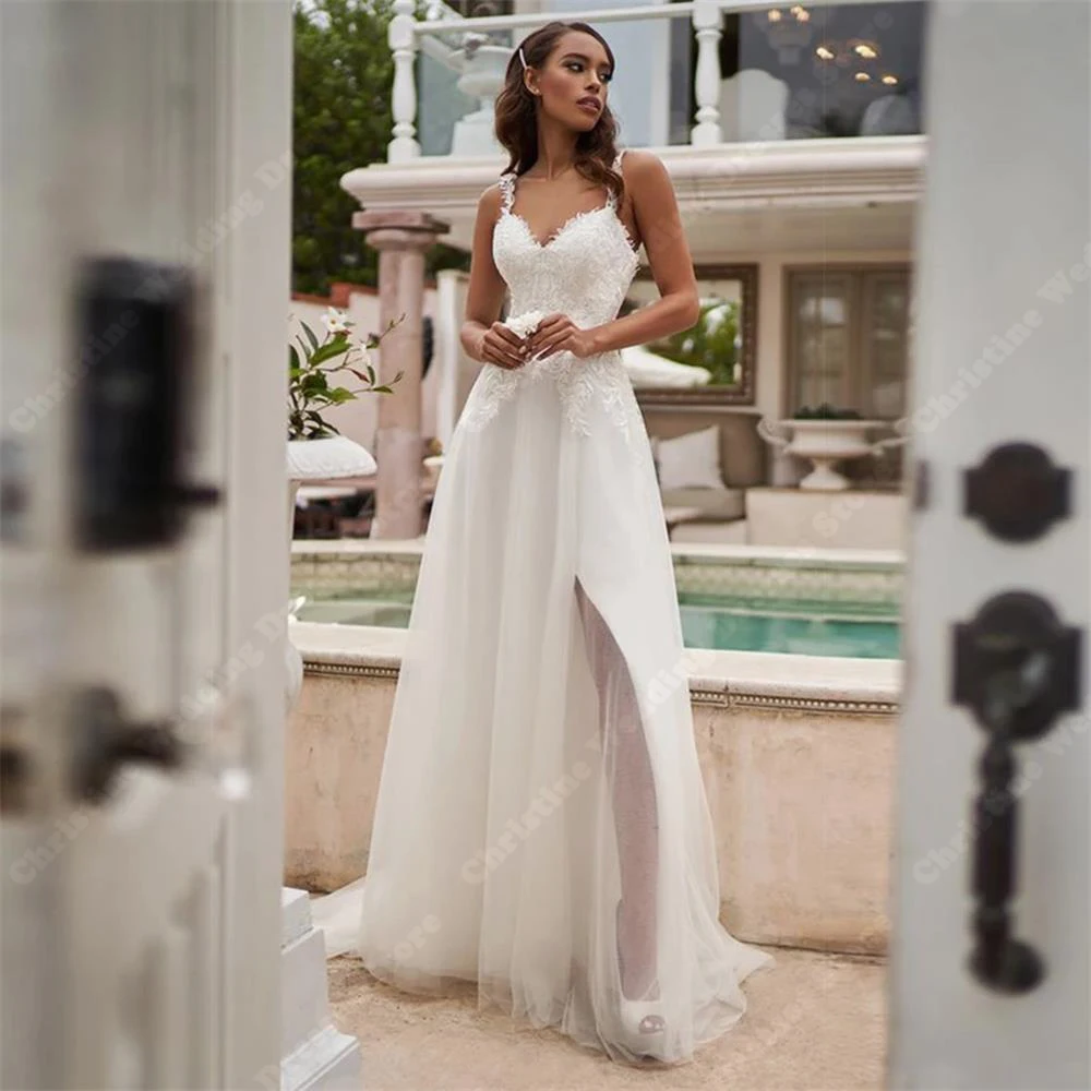 

Modern Popular Lady Wedding Dresses Lace Applique Fork Spaghetti Straps Bridal Gown Sleeveless Mopping Length Vestido Para Mujer