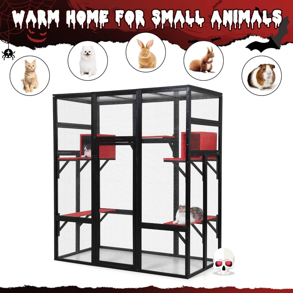 70Inches Large Spacious Wooden Catio Outdoor Cat Enclosure with Perches and Condos, Cat Cage Indoor with Waterproof Roof