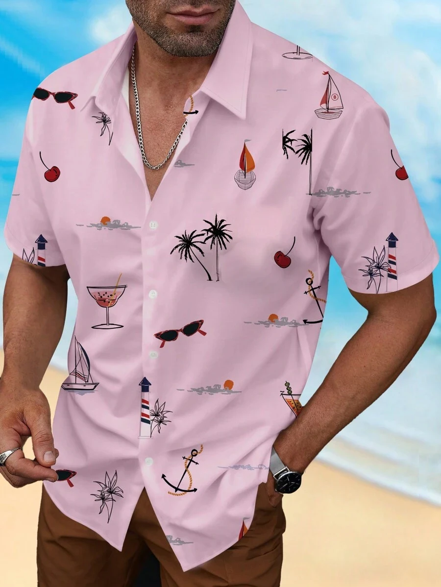 Men's Woven Fashion Casual Beach Surf Holiday Palm Tree Pattern Slim Fit Short Sleeve Shirt 4