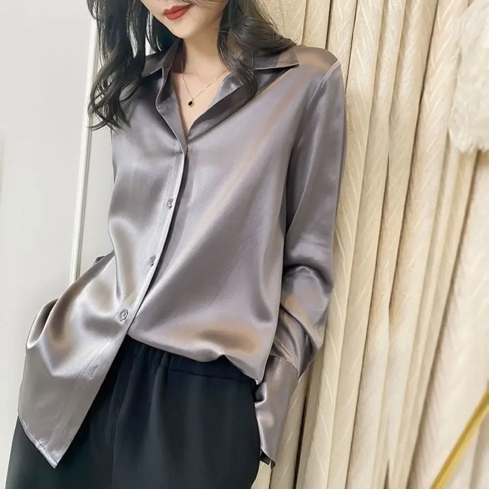 Office Silk Satin Shirt Ladies Simple Blouse 2022 New Spring Autumn Tops Women Clothing Korean Loose OL Grey Shirt Blusas Mujer