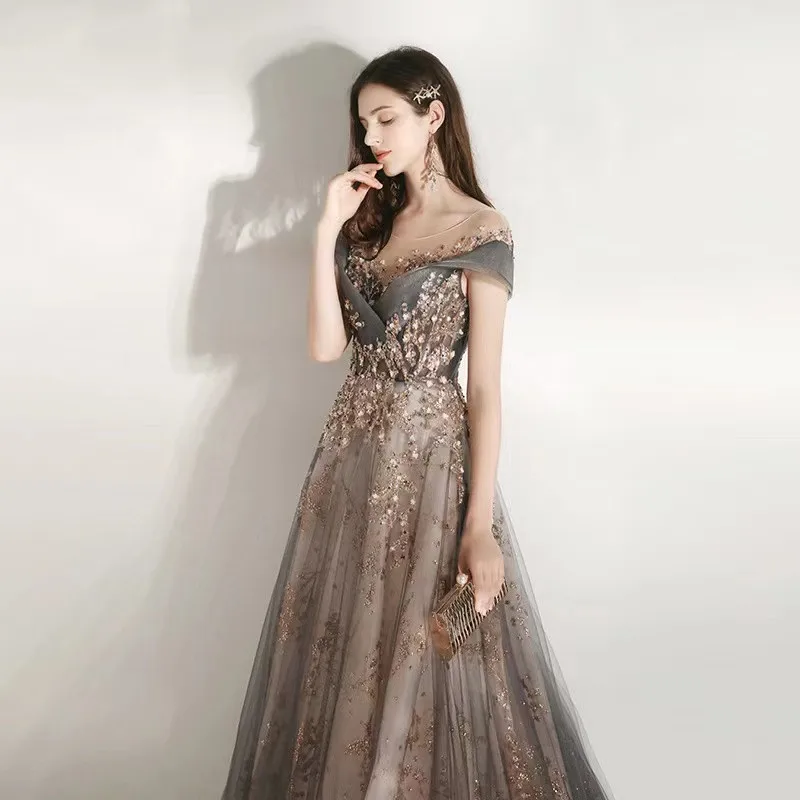 Luxury Prom Dress Off Shoulder A-Line Beading Exquisite Sequins Illusion Scoop Neck Gray Spray Gold Tulle Ceremony Evening Gowns