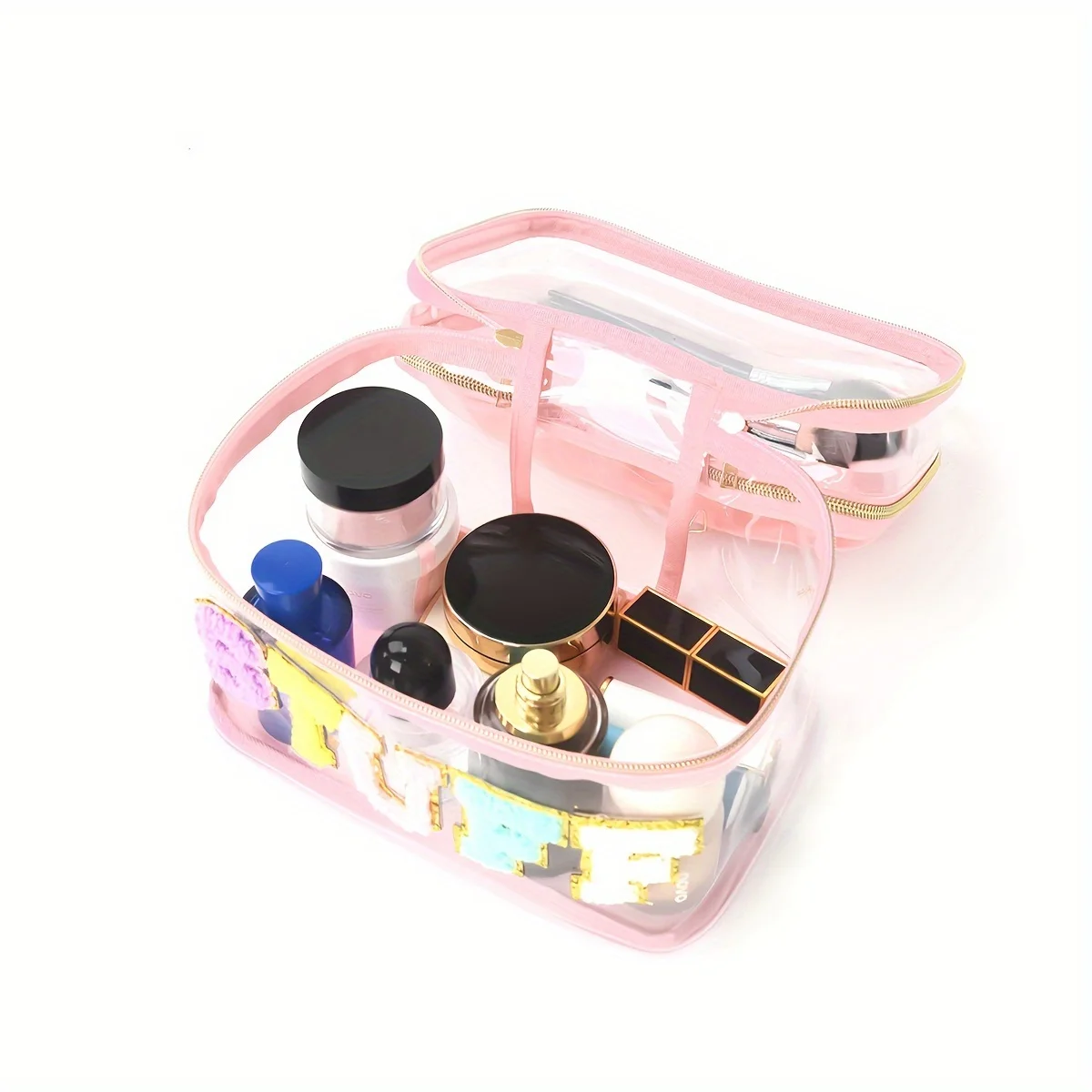 1pcs Large Capacity Letter Embroidery Double Layer Transparent Cosmetic Bag Toiletry Bag Travel Storage Bag Suitable for Travel 3