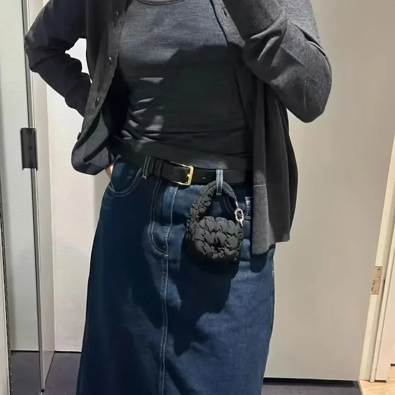 Mini Black Cloud Waist Bag Lightweight, Solid, Secure Button Closure with Decorative Coin Wallet and Headphone Pocket Convenient